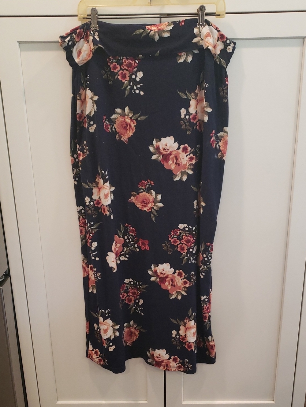 Navy Floral Maxi Skirt with Pink Rose Pattern
